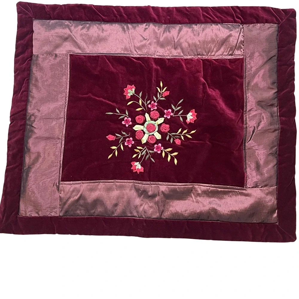 Pair Peking Handicraft Burgundy Velvet Ribbon Embroidery Standard Pillow Shams